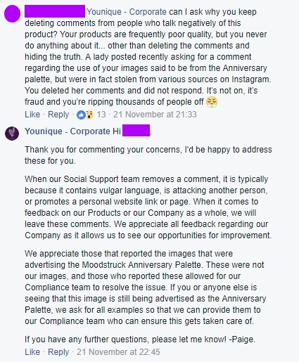 Younique Corporate Deleting Comments on Palette