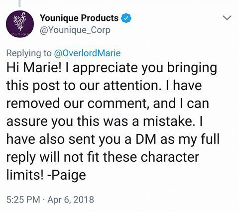 Marie Porter Tweet to Younique 2